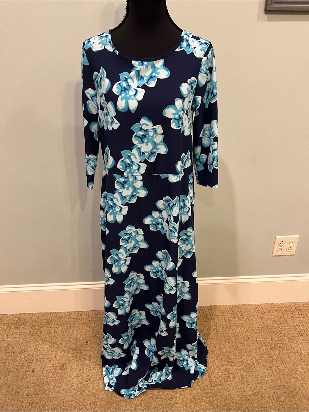 Navy Floral Maxi Dress with Aqua Bloom Print